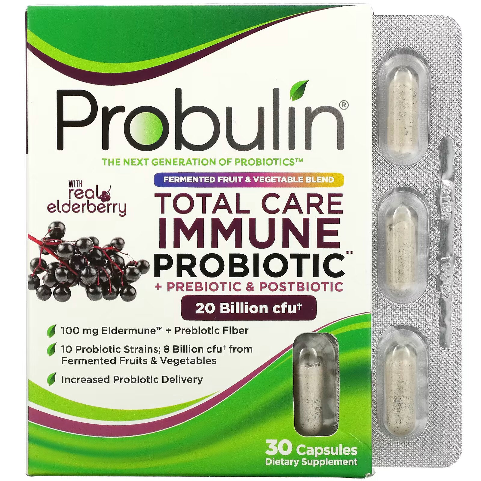 Probulin, All-In-One Immune Supplement, Probiotics prebiotics and postbiotics with natural elderberry, 20 billion CFU, 30 capsules