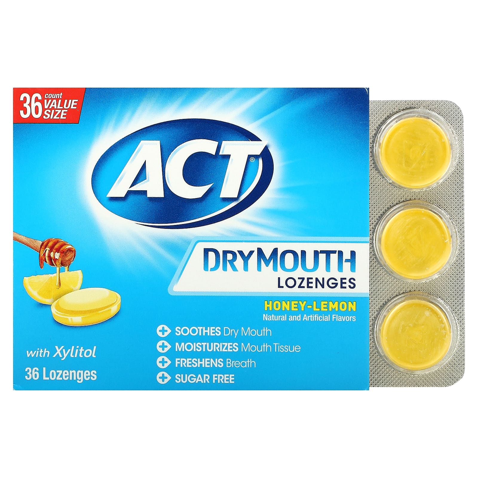 Act Dry Mouth Lozenges with Xylitol, Honey and Lemon, 36 lozenges