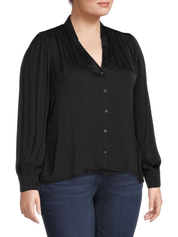 Socialite Plus Solid Puff Sleeve Blouse, Black