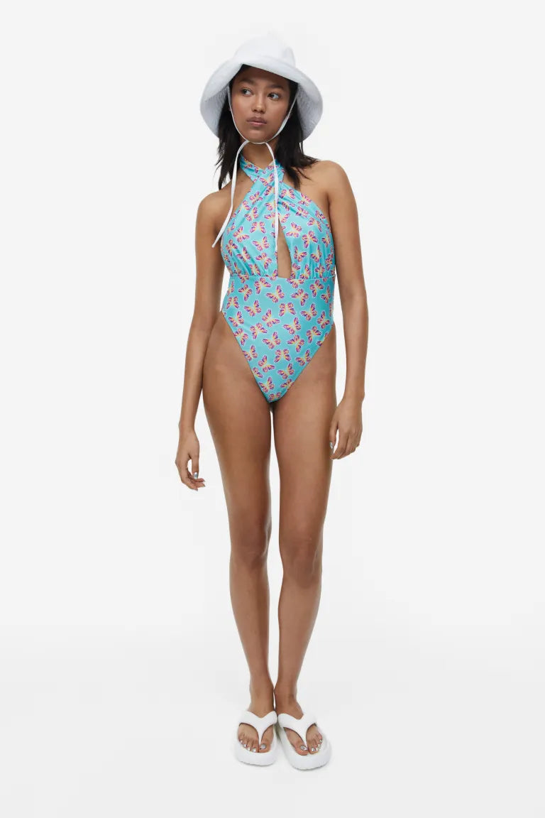 H&M halterneck swimsuit, turquoise/butterflies