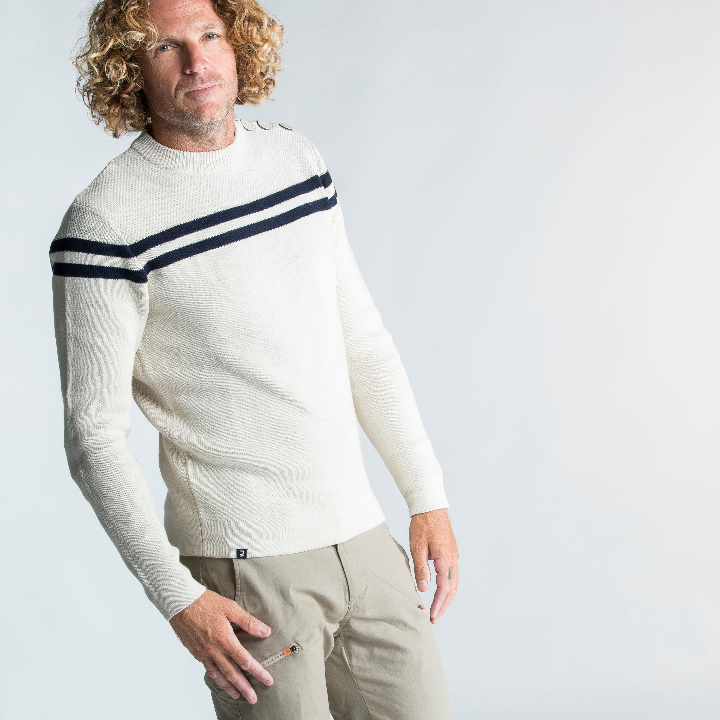 Men's sailing sweater with beige and blue stripes TRIBORD, putty/black and blue