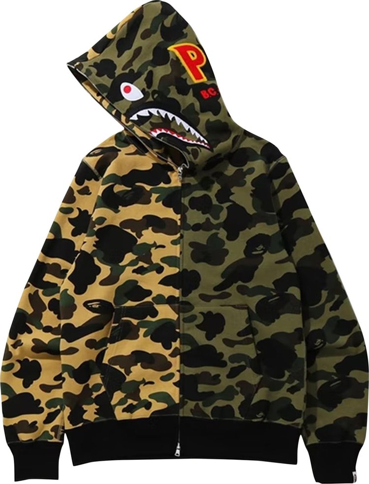 هودي بسحاب كامل ونقشة نصف سمكة قرش من مجموعة BAPE 1st Camo باللون الأخضر/الأصفر، متعدد الألوان