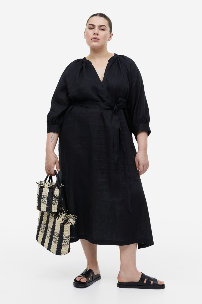 Linen dress with tie belt H&M, black