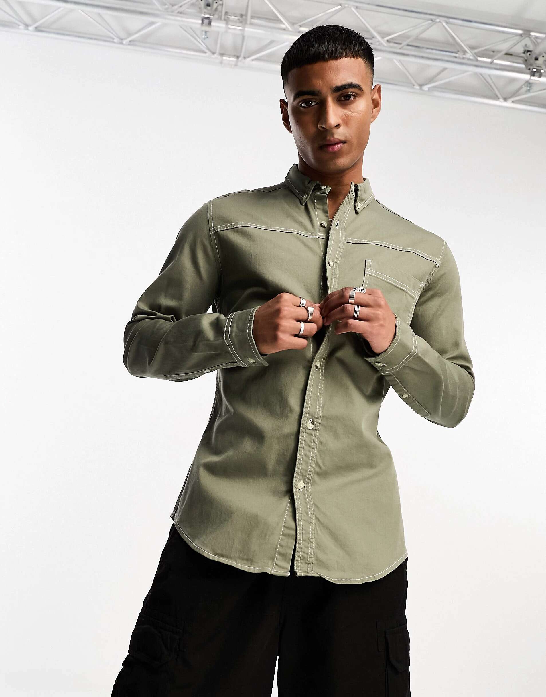 ASOS Skinny Denim Shirt in Khaki