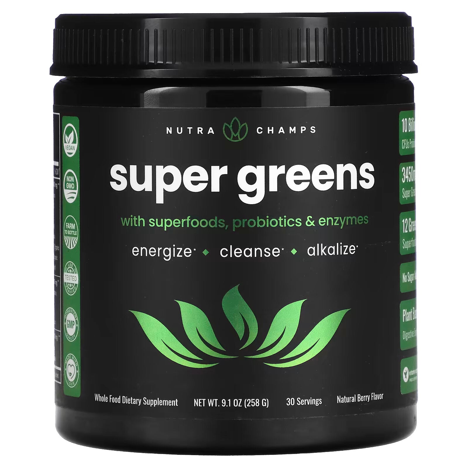 NutraChamps، Super Greens، التوت الطبيعي، 9.1 أونصة (258 جم)