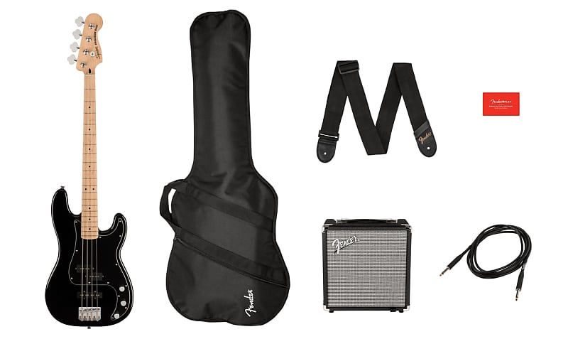 Squier Affinity Series Precision Bass PJ Pack, Maple Neck, Black, Gig Bag, Rumble 15 Fender