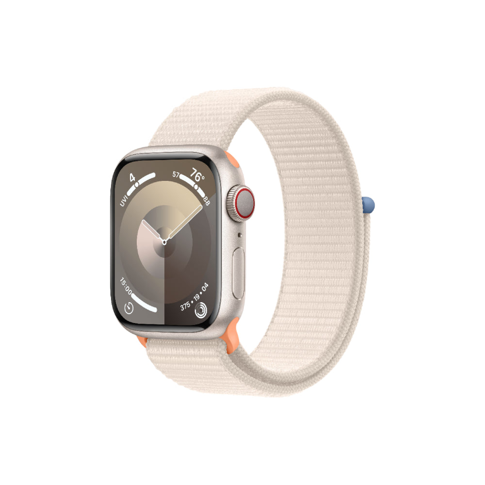 ساعة Apple Watch Series 9 (GPS + Cellular)، مقاس 41 مم، هيكل من الألومنيوم Starlight/حلقة رياضية Starlight - مقاس واحد