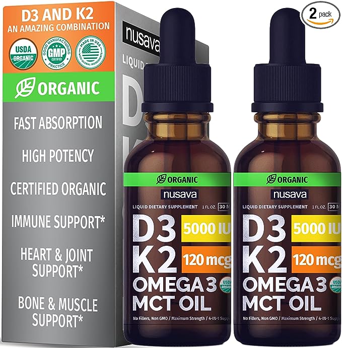 Organic Nusava Vitamin D3 Drops K2 with MCT Oil, 5000 IU, 2 Packs