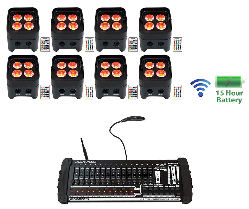 (8) Rockville BEST PAR 50 Battery Flush Lights Wireless DMX+384 Ch .  Controller (8) BEST PAR 50+ROCKFORCE W4