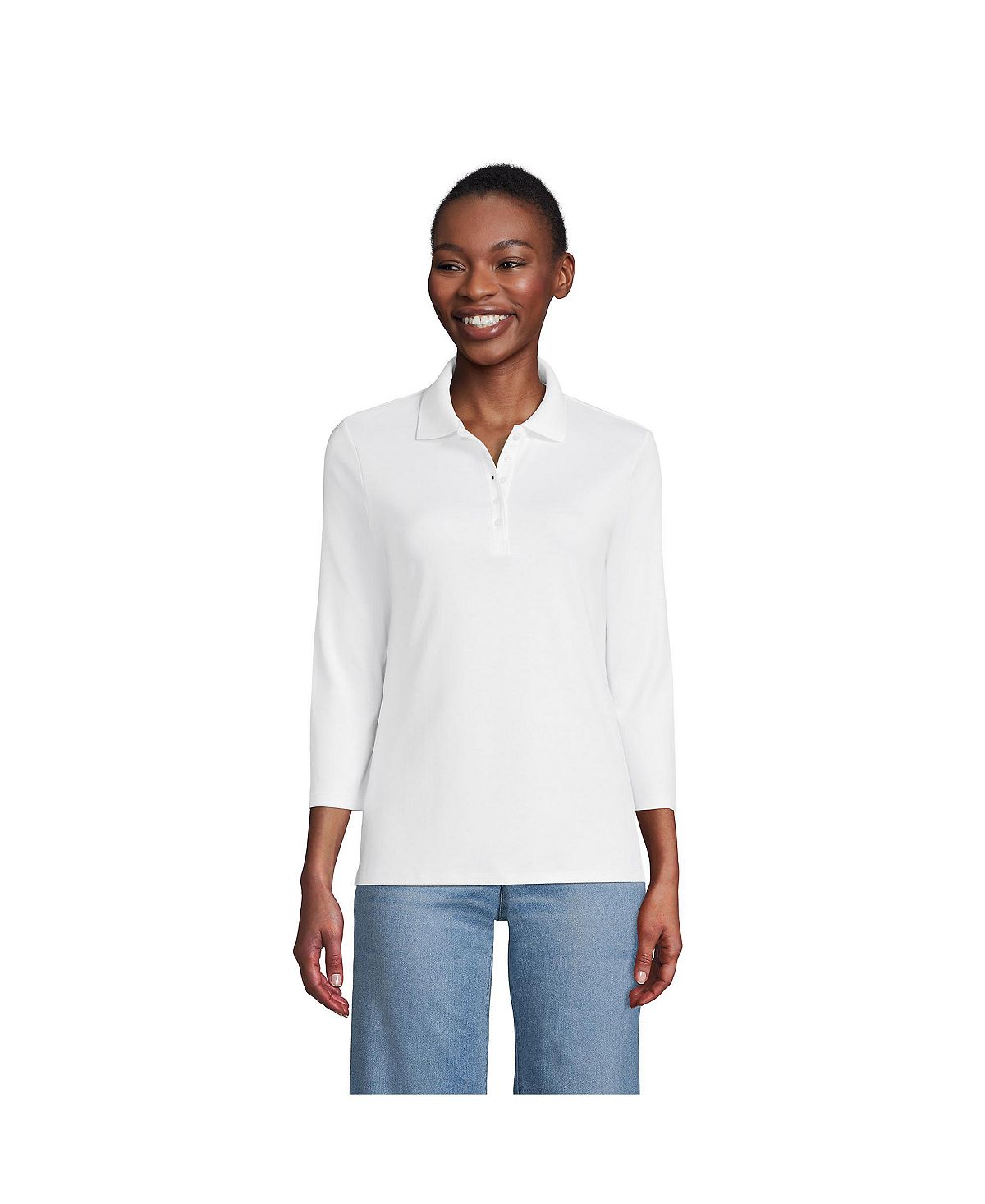 Lands' End Women's Supima Cotton Three Quarter Sleeve Polo Shirt, White