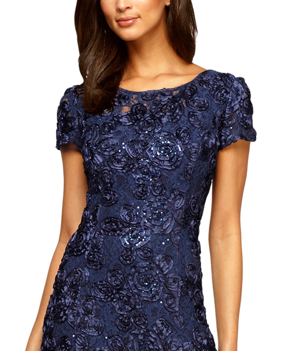 Alex Evenings A-Line Rosette Dress, Navy