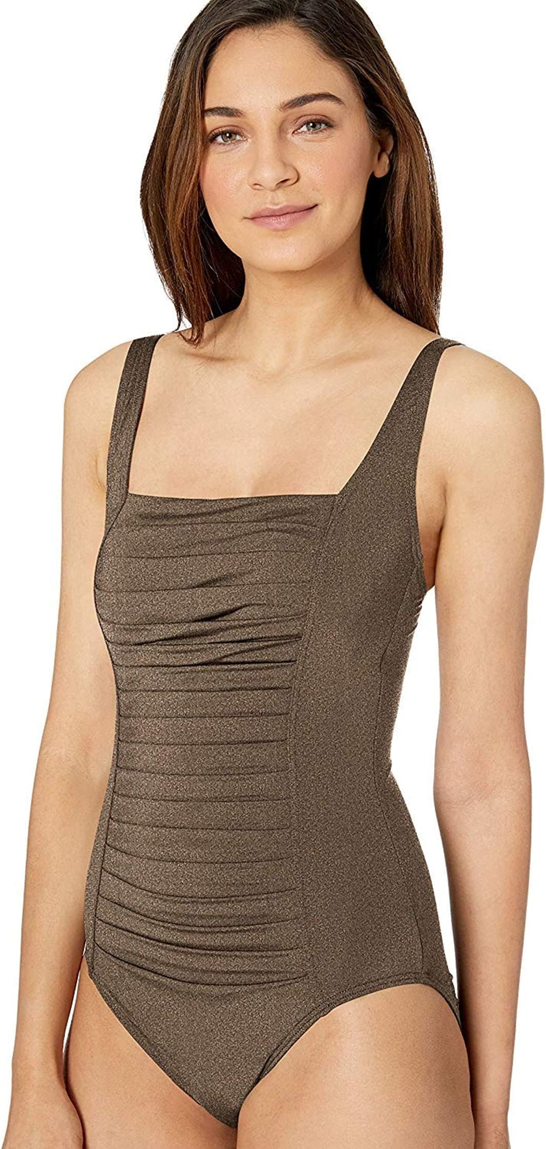 Calvin Klein Women's Pleated One-Piece Swimsuit, Bronze