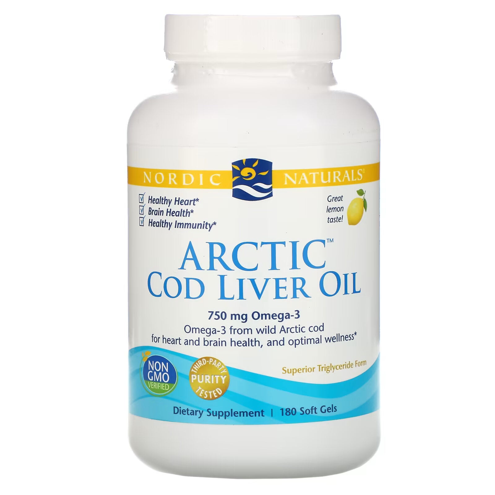 Nordic Naturals, Arctic Cod Liver Oil, Lemon Flavored, 250 mg, 180 Softgels