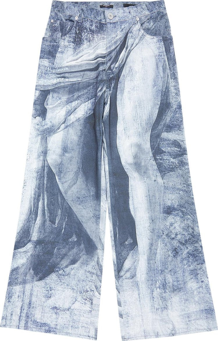 Balmain Statue Printed Loose Denim Pants Blue/Gris, blue