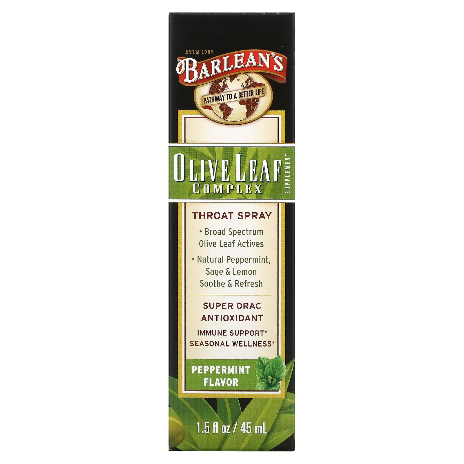 Barlean's, Olive Leaf Complex, Olive Leaf Throat Spray Peppermint Flavored, 45 ml (1.5 fl oz)