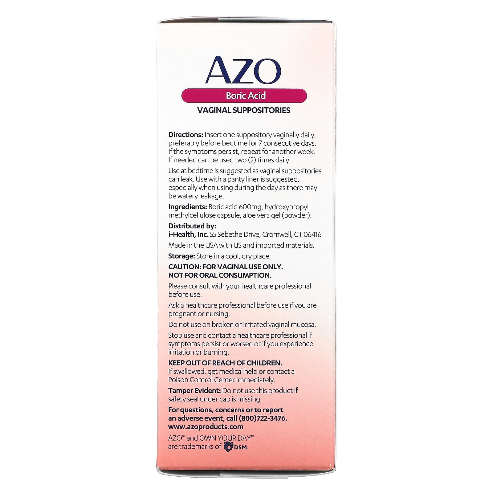 Vaginal Suppositories Azo, boric acid, 30 suppositories