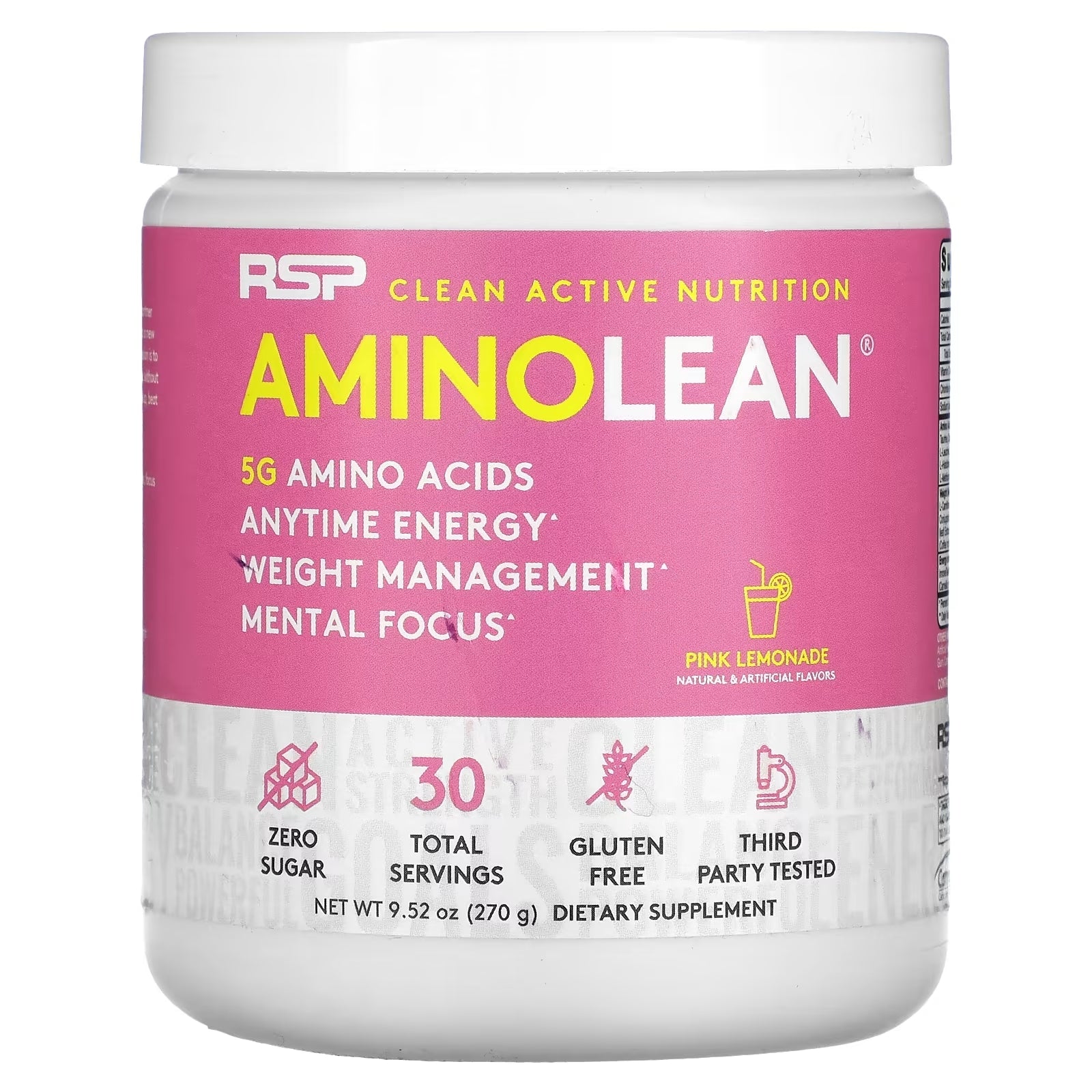 الأحماض الأمينية RSP Nutrition AminoLean Anytime Energy بنكهة الليمون الوردي، 270 جم