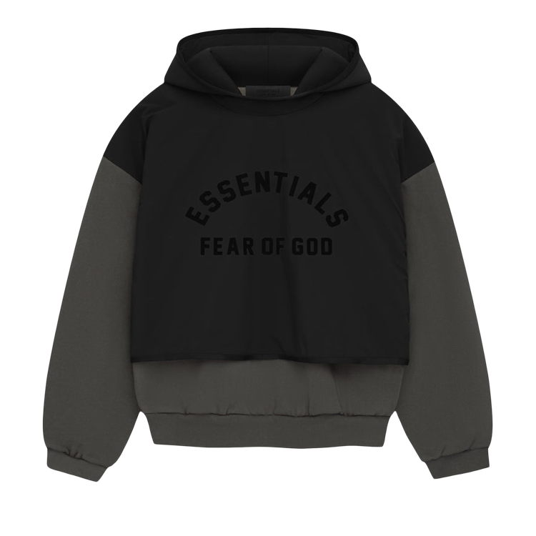 سترة Fear Of God Essentials المصنوعة من النايلون والصوف بغطاء للرأس باللون الأسود الداكن/النفاث، باللون الأسود