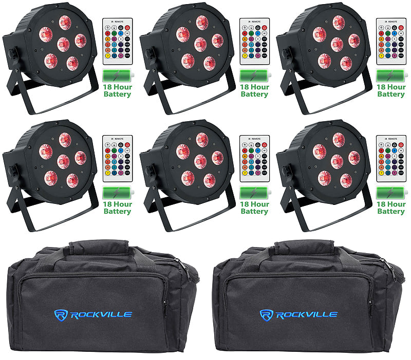 Set 6 Rockville Battery PAR 61 RGBWA + UV DMX DJ Wash Lights + Remotes + Bags Battery PAR 61 + RLB80