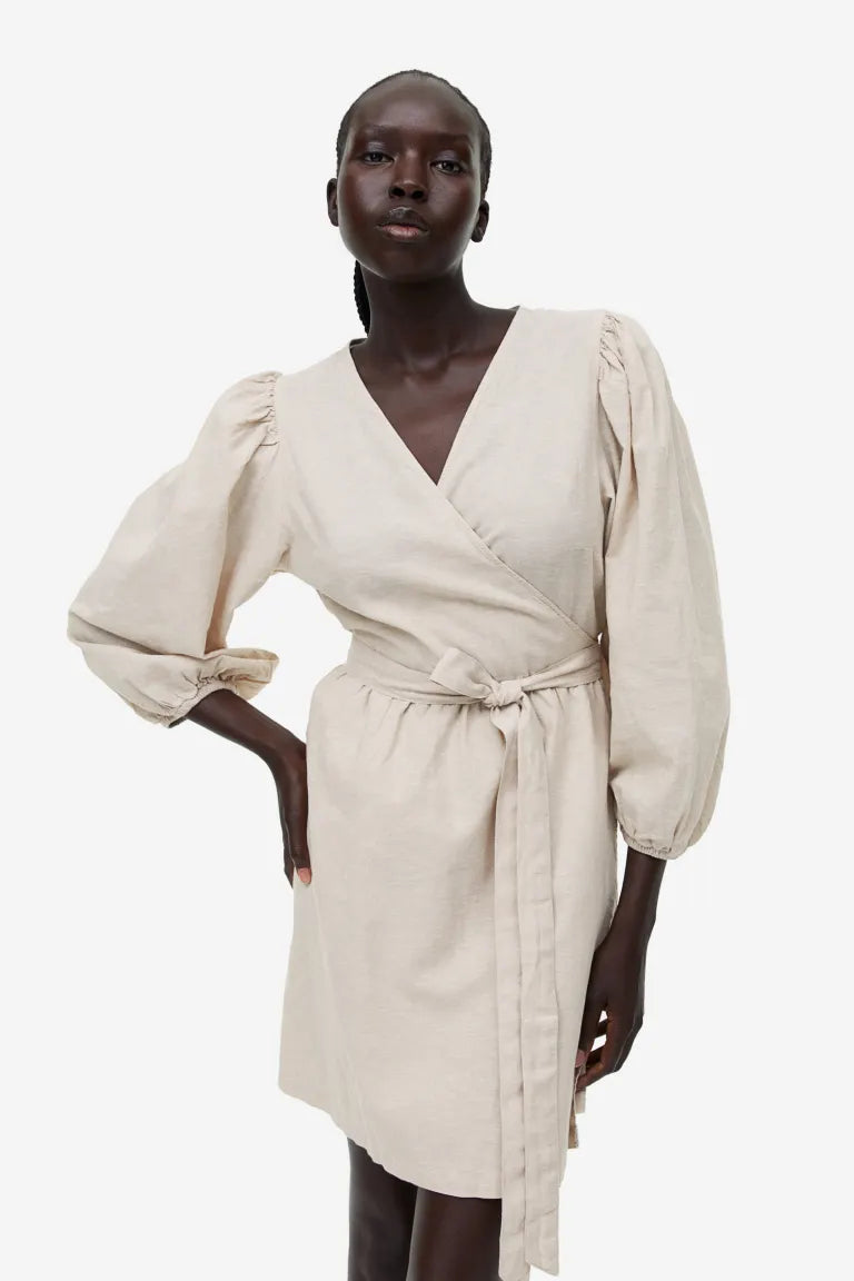 H&M linen blend wrap dress, light beige