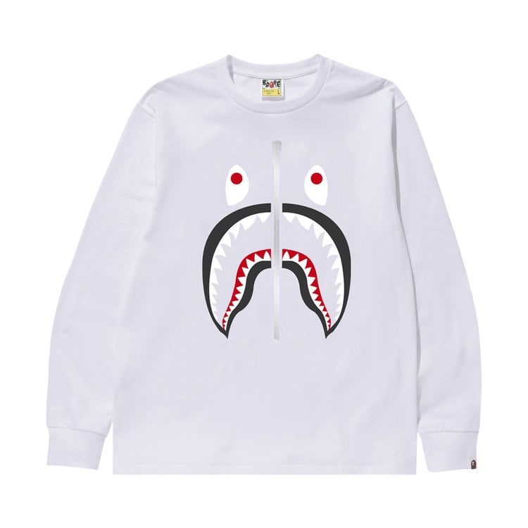 تي شيرت BAPE Shark بأكمام طويلة "أبيض"، أبيض