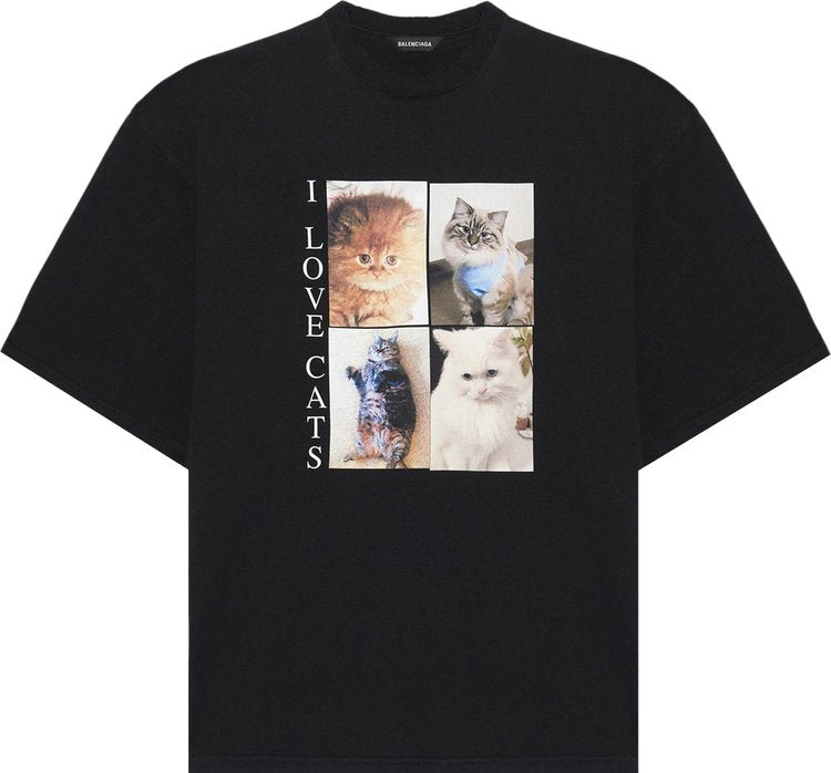 تي شيرت Balenciaga I Love Cats باللون الأسود، أسود