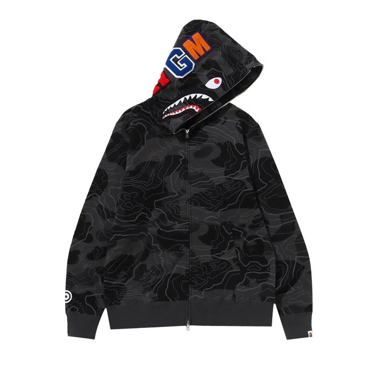 BAPE Layered Line Camo Shark Full Zip 'Black' Hoodie, Black