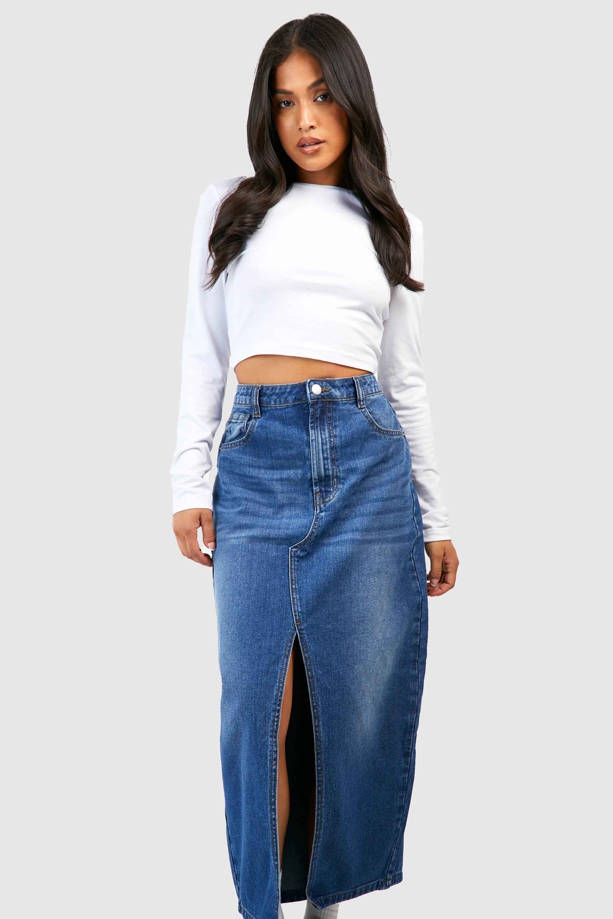 Denim Maxi Skirt with Front Splits Medium Boohoo Material, Blue