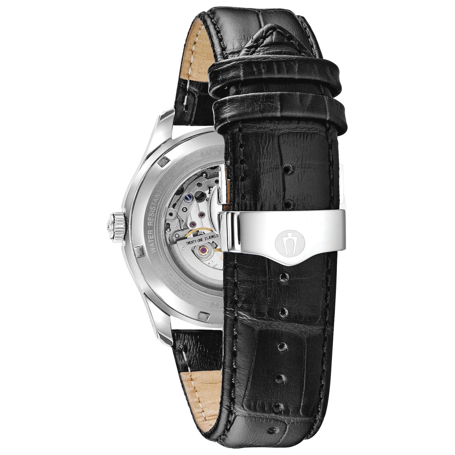 Wilton Men's Automatic Black Leather Watch - 96A217 Bulova