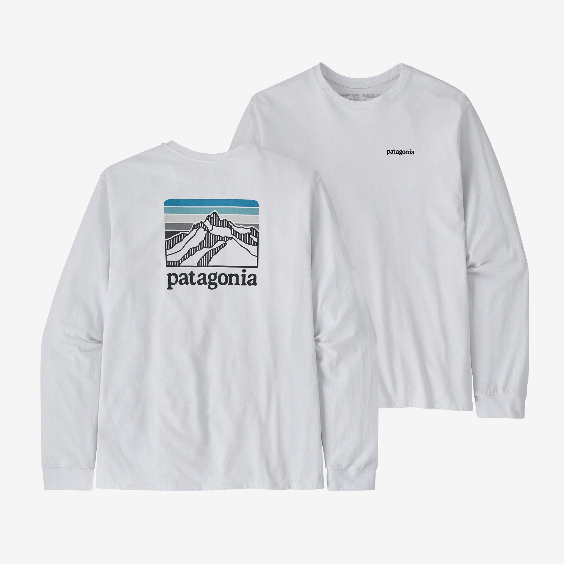 تي شيرت رجالي بأكمام طويلة من Ridge Responsibili-Tee Patagonia Logo، باللون الأبيض