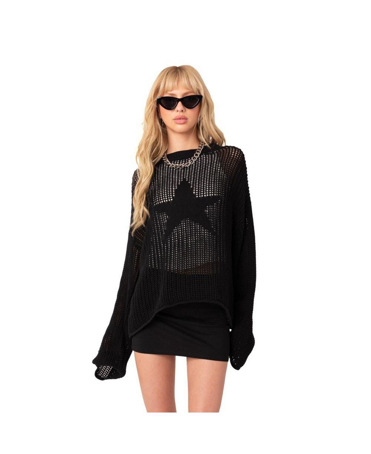 Women's transparent oversized sweater with Edikted star, black