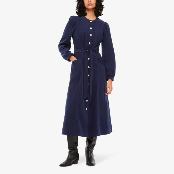 Angelica cotton corduroy midi dress with Whistles belt, navy