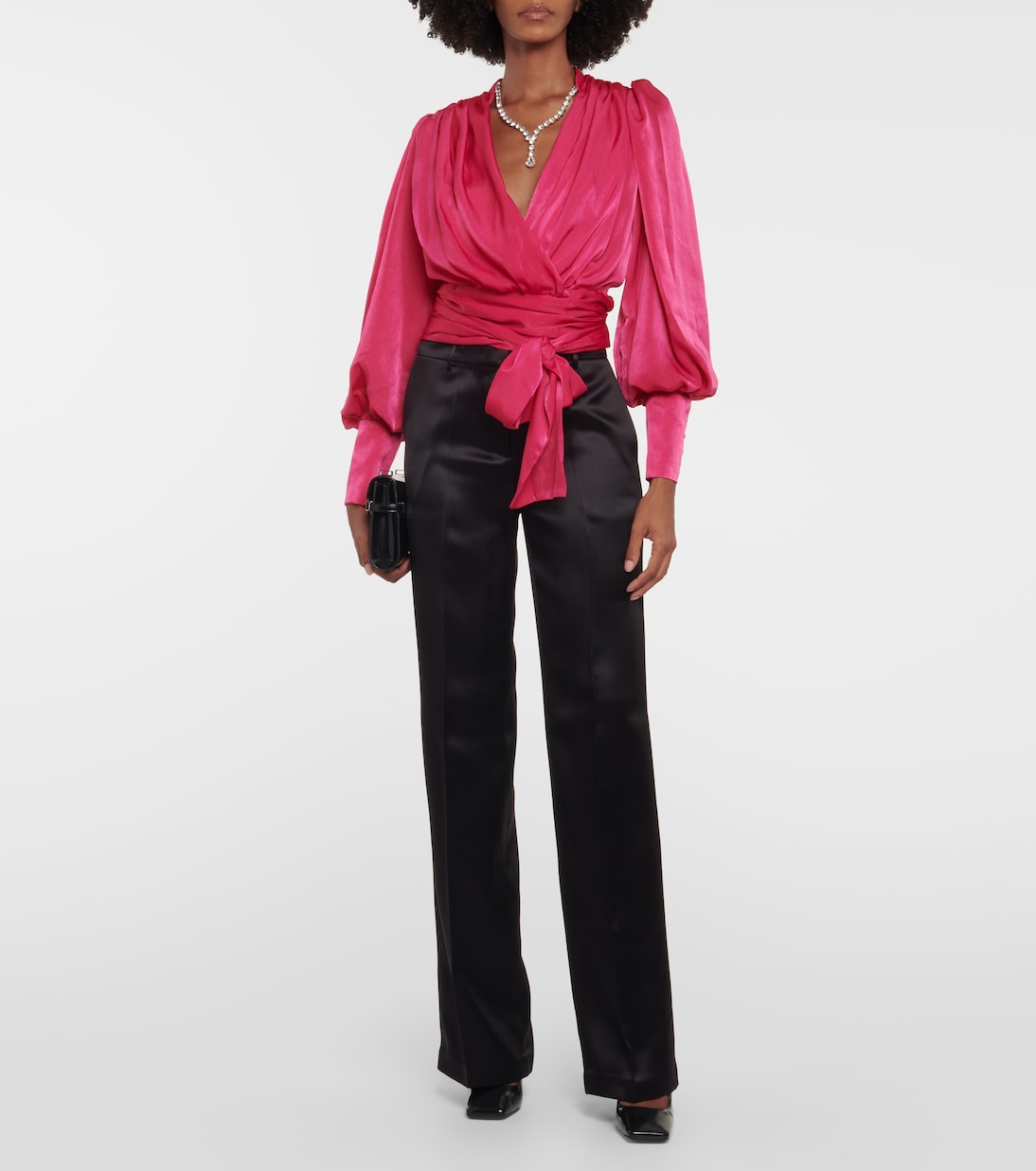 Mouglalis satin blouse with Costarellos wrap, pink