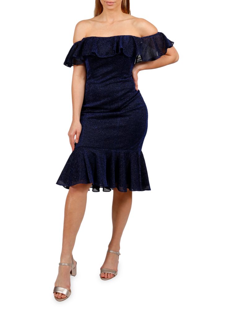 Rene Ruiz Collection sparkly off-shoulder sheath cocktail dress, navy