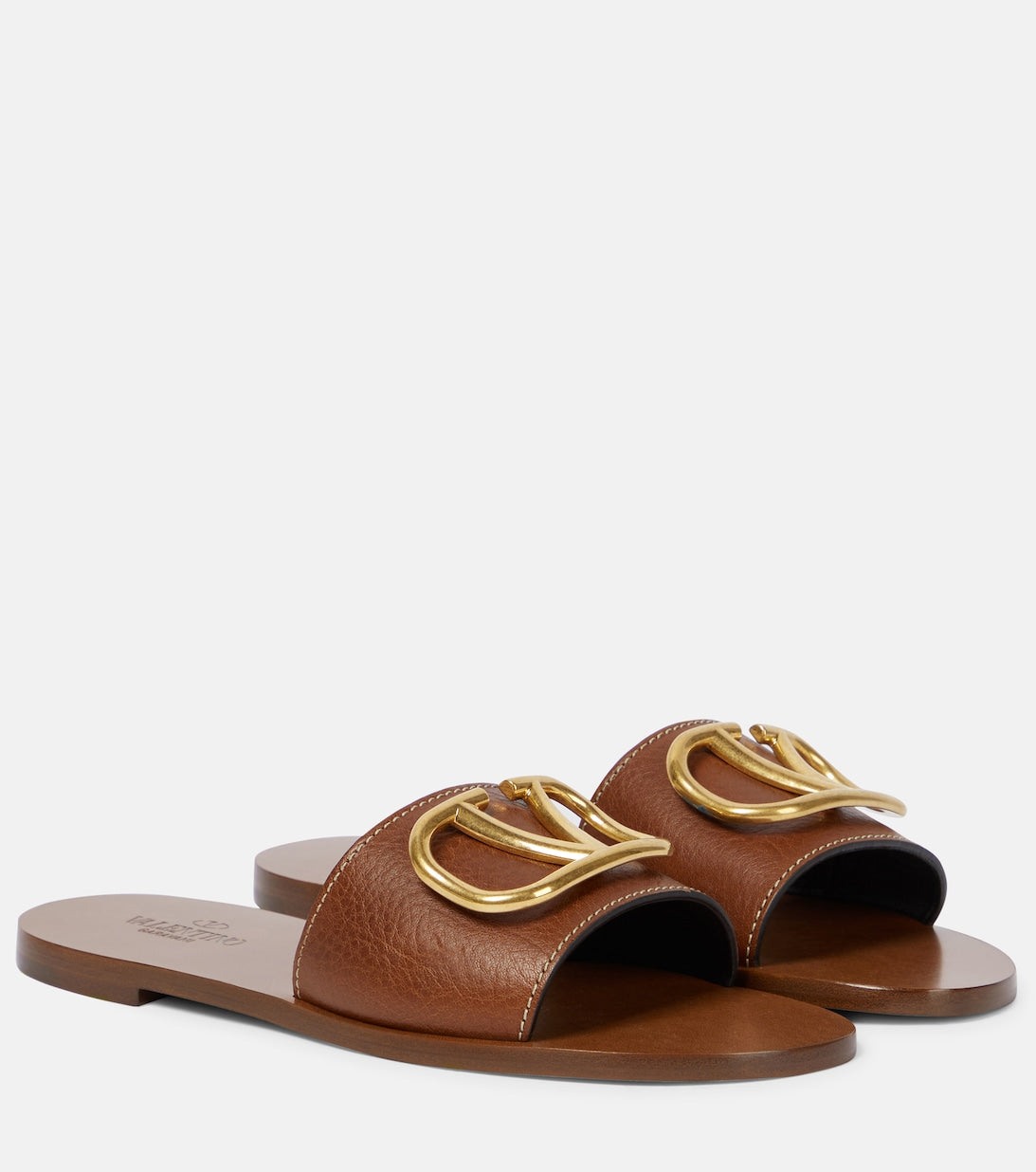 Leather slides with V logo Valentino Garavani, brown