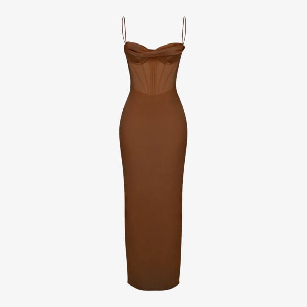 Satin maxi dress with corset Charmaine House Of Cb, color chocolate