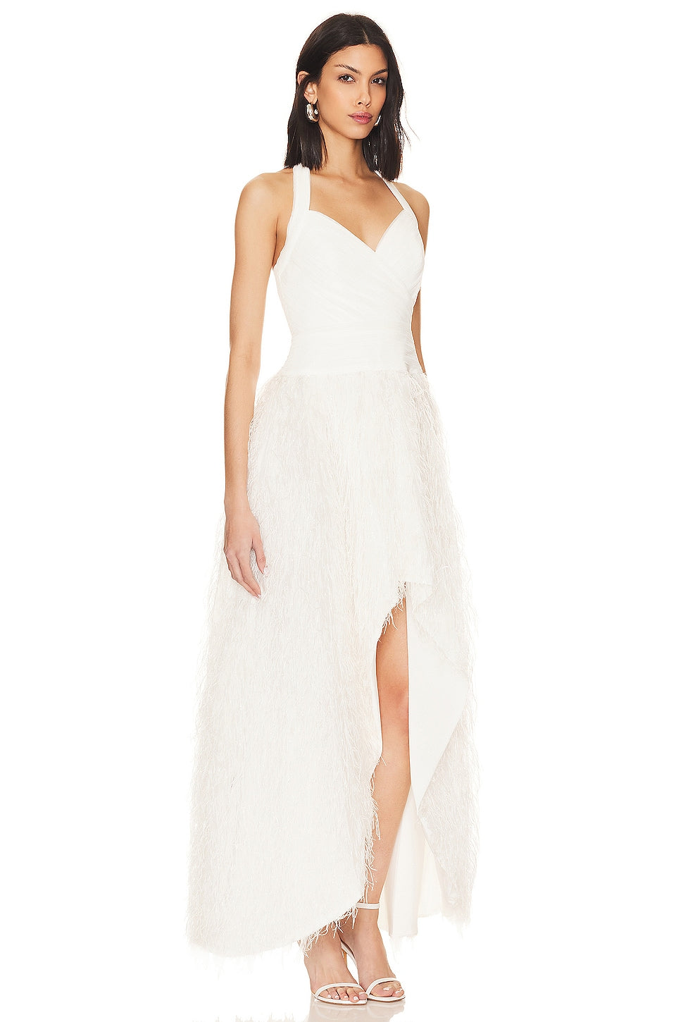 BCBGMAXAZRIA Feathered Evening dress, white