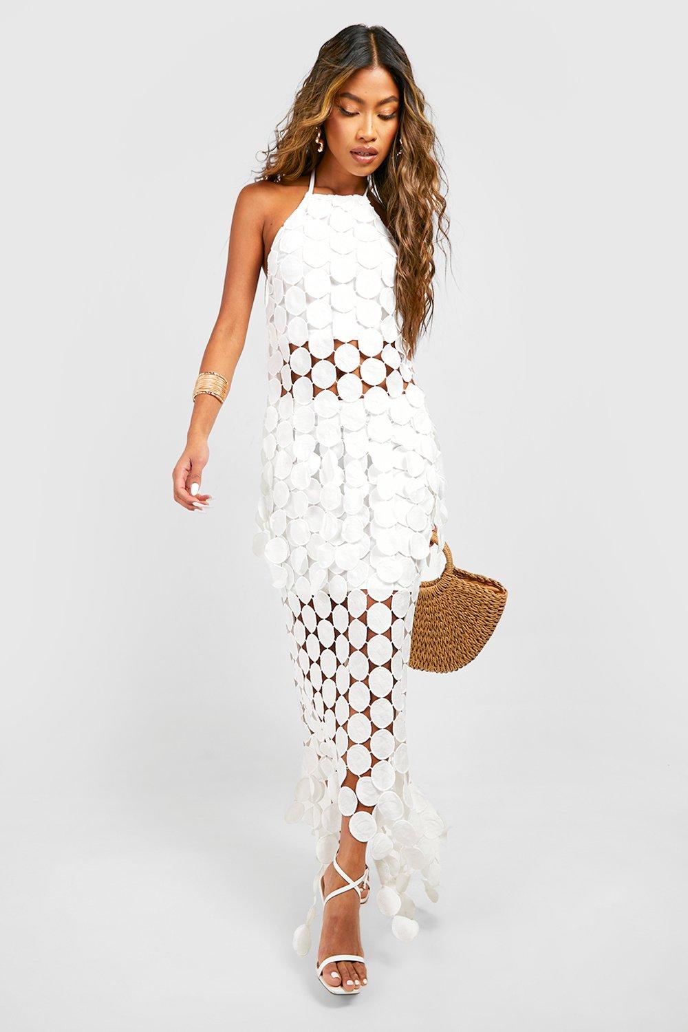 Boohoo Crochet Asymmetrical Nom Maxi Skirt, White