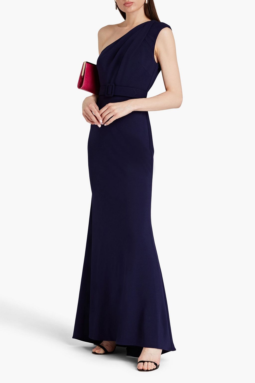 One-shoulder crepe dress with belt BADGLEY MISCHKA, navi