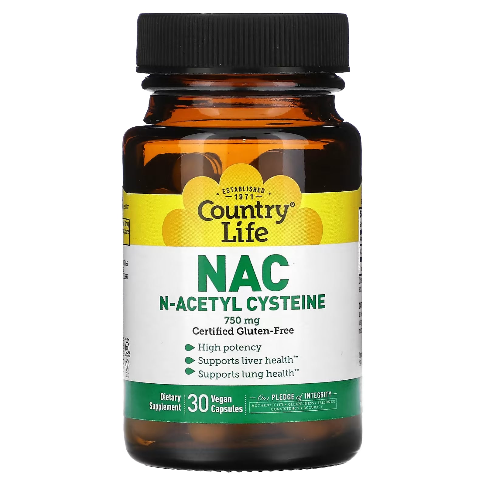 مكمل غذائي Country Life NAC N-Acetyl Cysteine ​​750 mg، 30 كبسولة نباتية