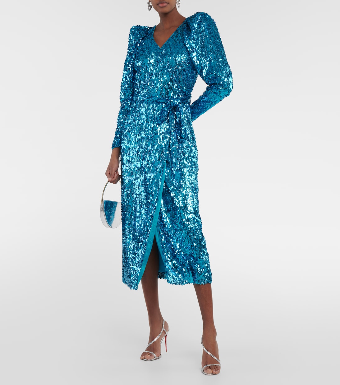 Rotate Birger Christensen Sequined Puff Sleeve Wrap Dress, Blue