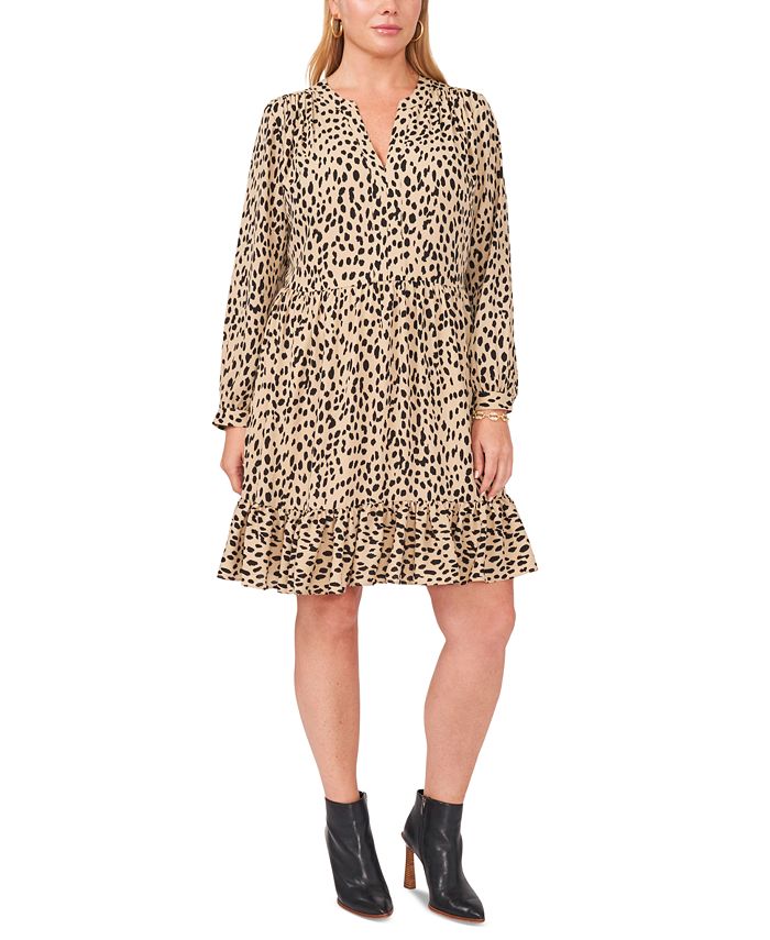 Plus Size Animal Print Tiered Split Neck Dress Vince Camuto brown