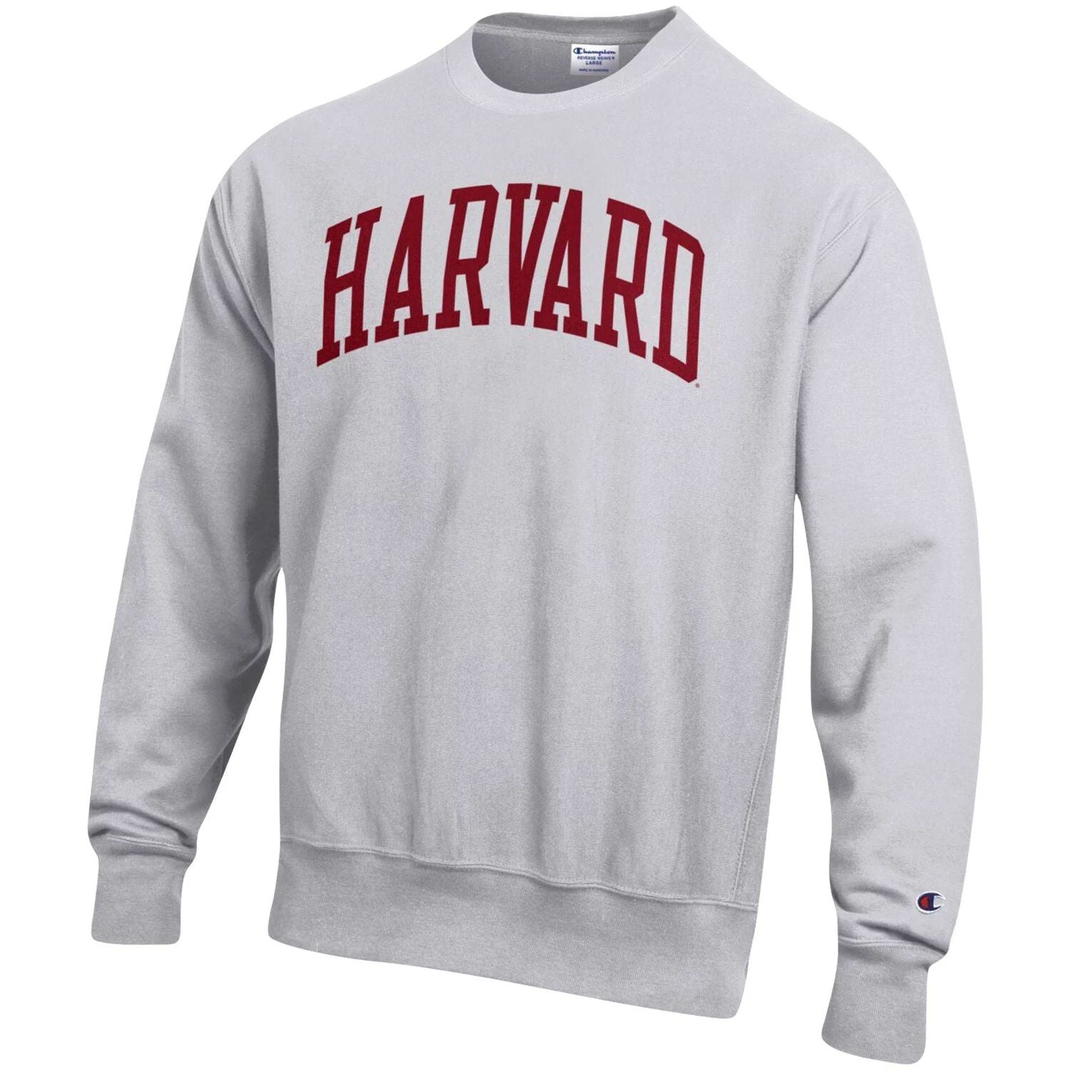 بلوفر رجالي من Harvard Crimson Arch Heathered Reverse Weave باللون الرمادي Champion