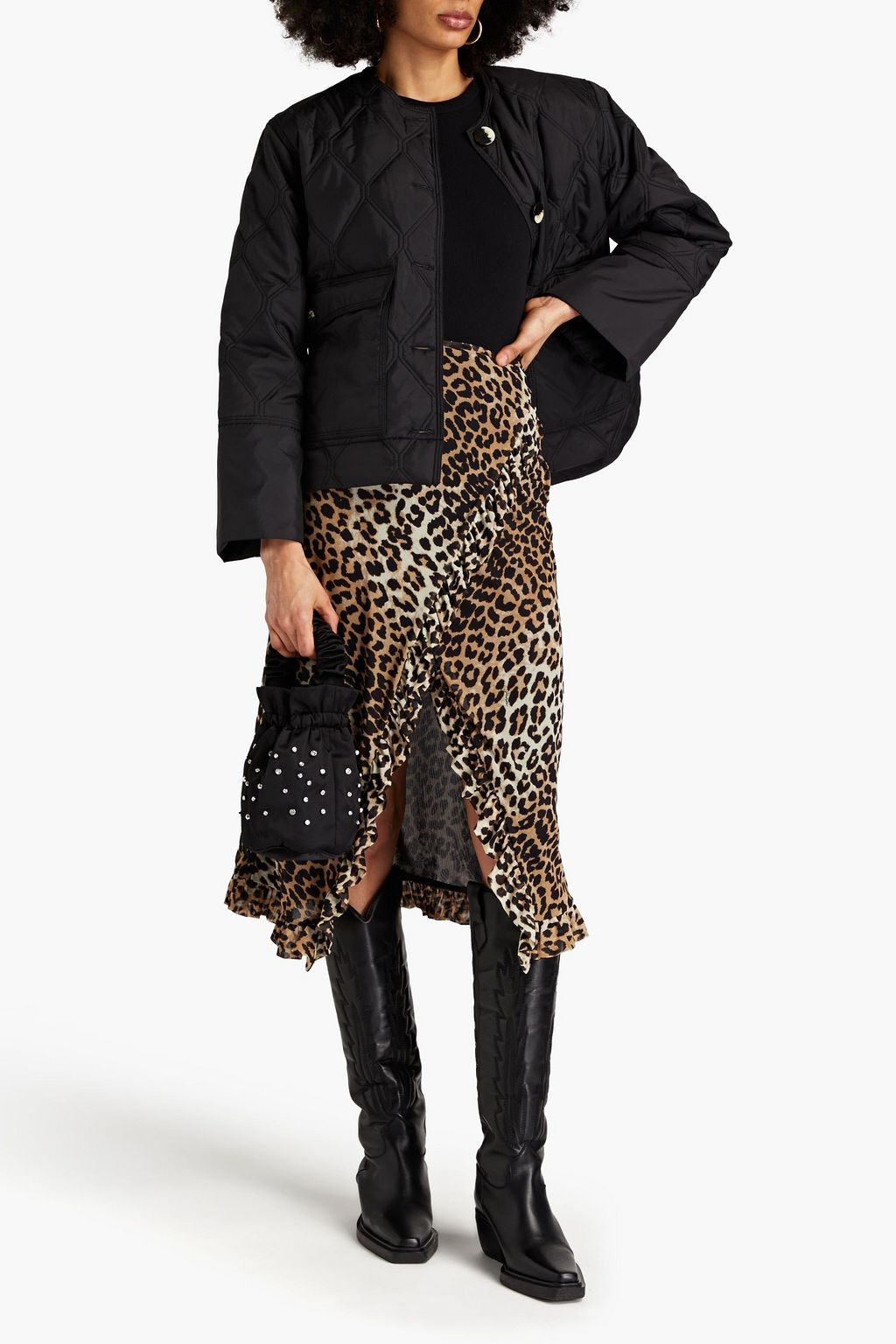 Midi wrap skirt with elastic mesh in leopard print and ruffles GANNI animal print