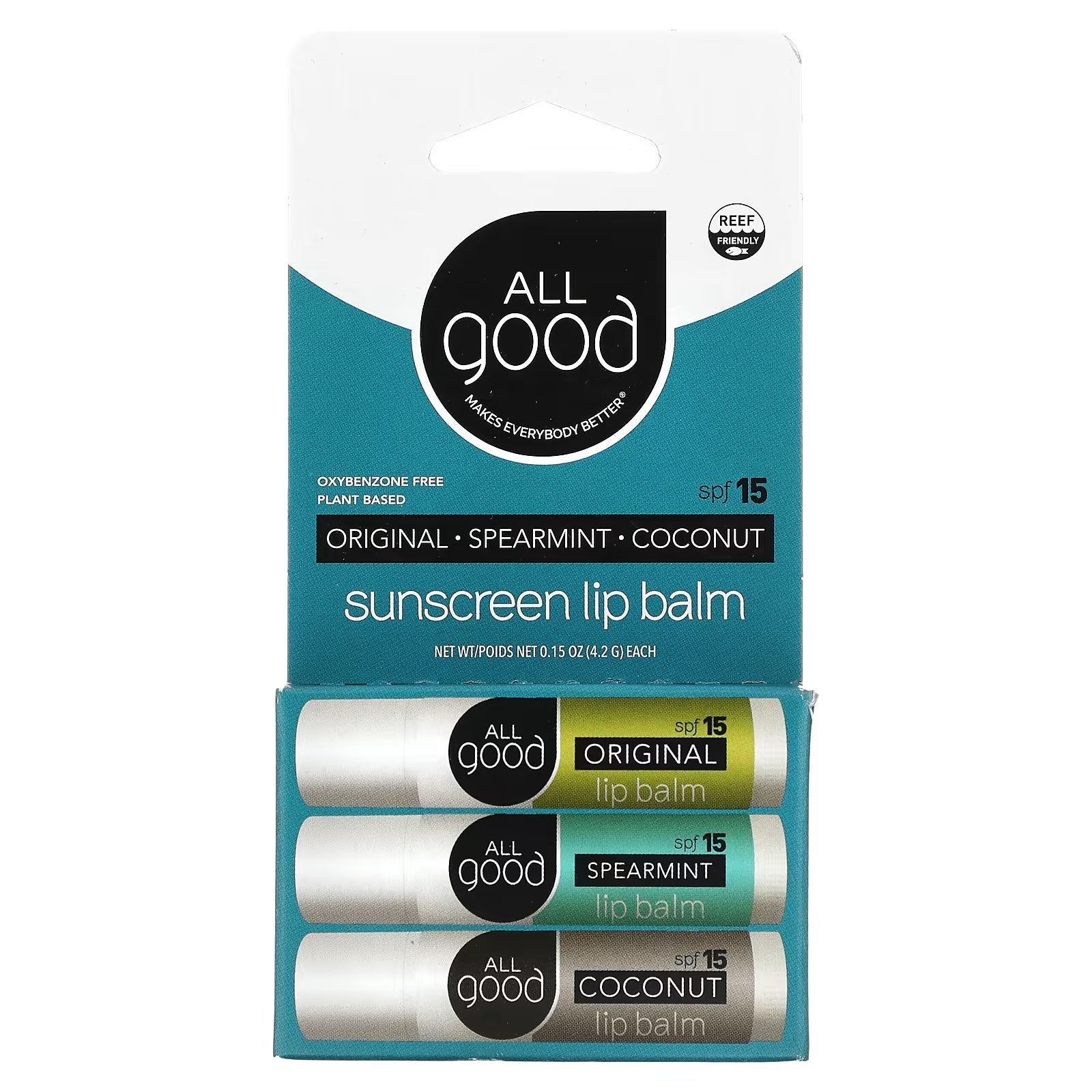 All Good Products Sunscreen Lip Balm, SPF 15, 3 Pack, 4.2 g.