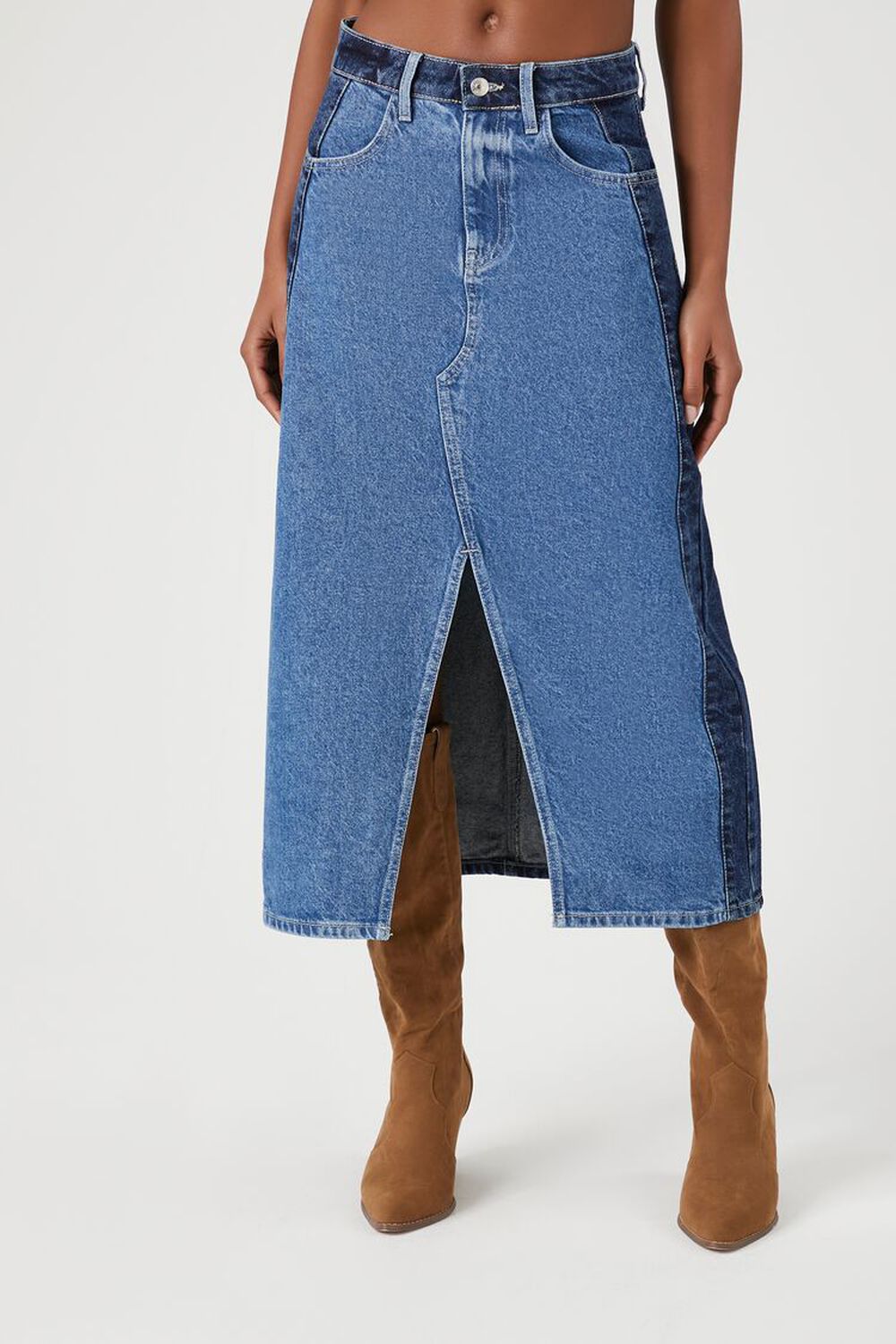 Forever 21 Color Block Denim Midi Skirt, Denim