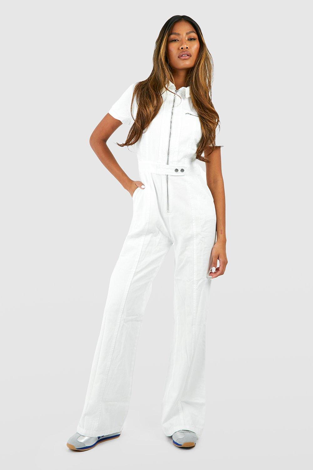 Boohoo Ecru Zip Denim Jumpsuit