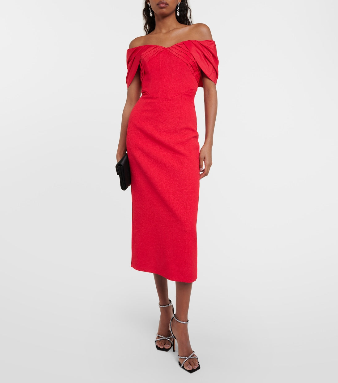 Rebecca Vallance Off Shoulder Crepe Chiara Midi Dress, Red