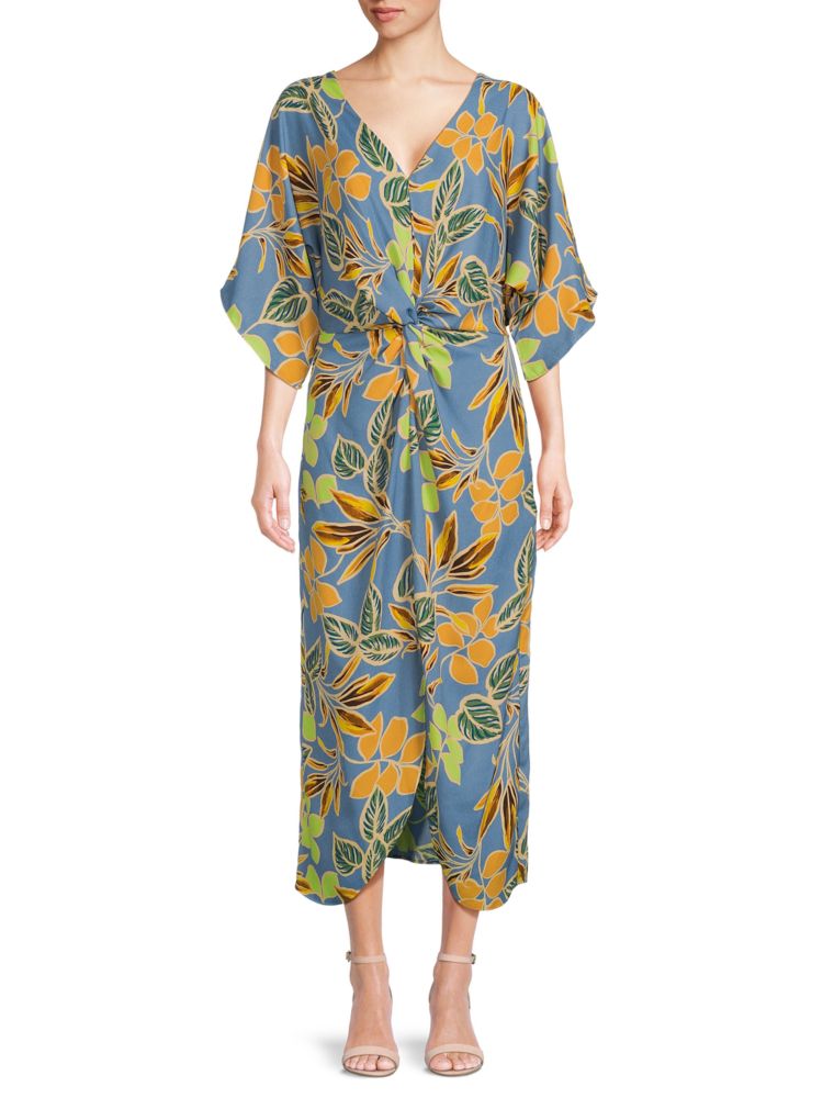 Renee C. Leaf Print Midi Kimono Dress, Blue