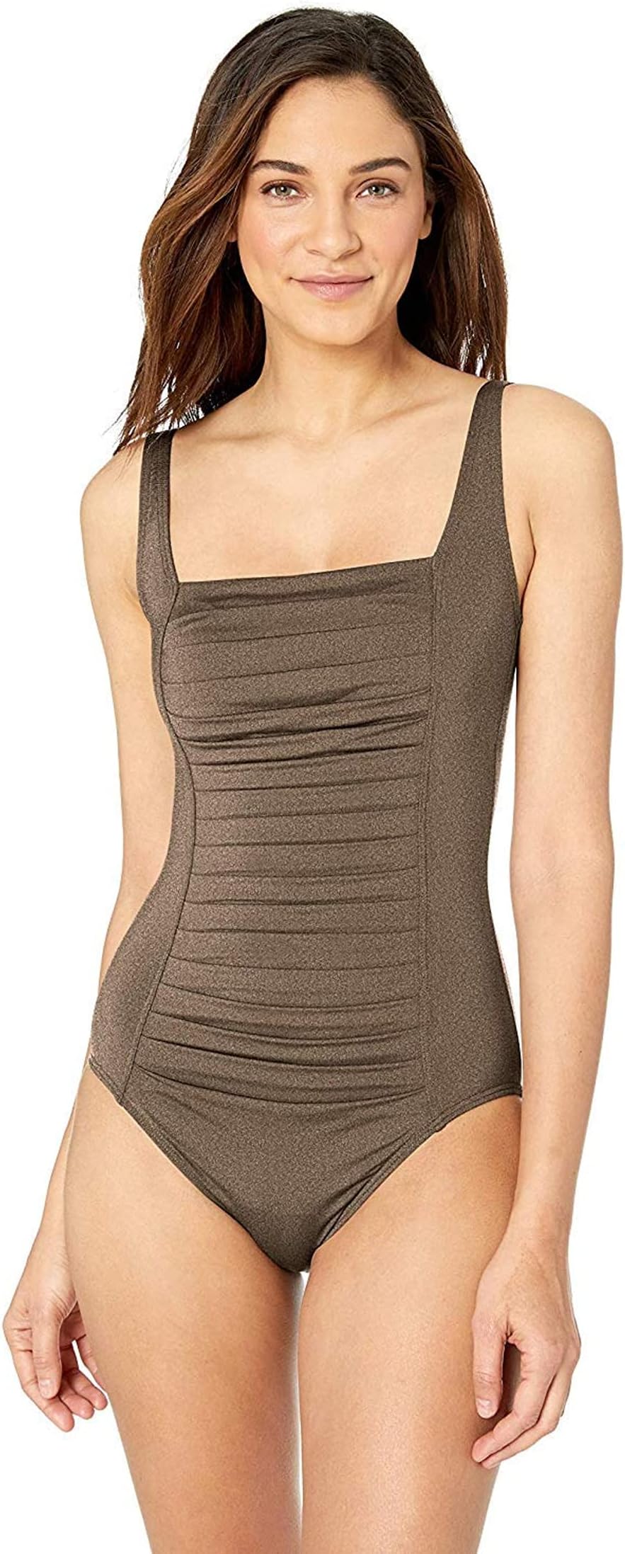 Calvin Klein Women's Pleated One-Piece Swimsuit, Bronze